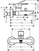 Hansgrohe Wannenmischer, Aufputz, mit einer einzelnen Bedienung. Technische Zeichnung zeigt Maße und Anschlüsse in einer klaren, schematischen Darstellung.